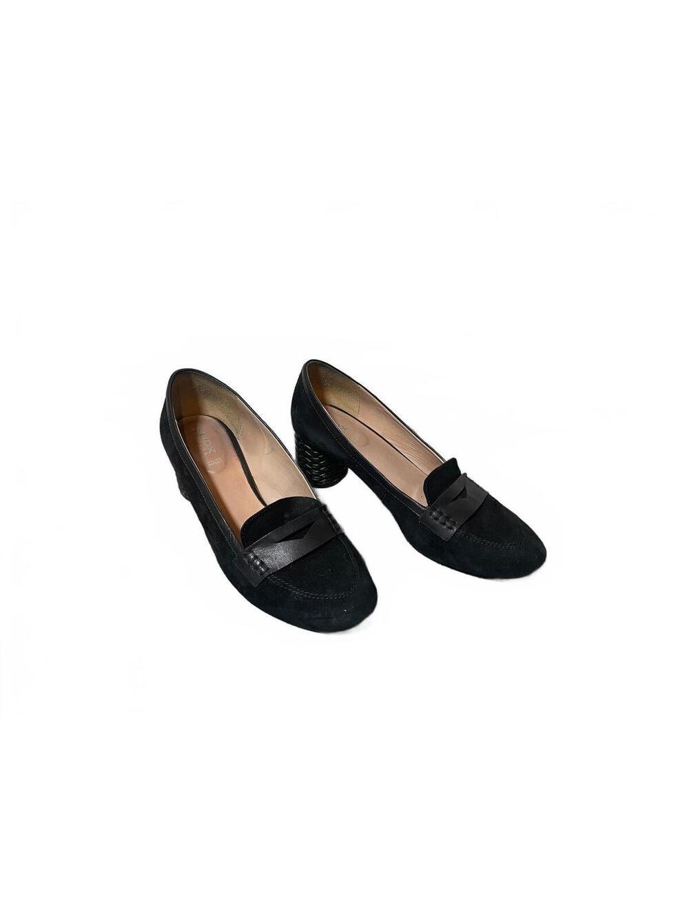Geox Respira Black Suede Leather Block Heel Pump Sz 38 1/2 EUC